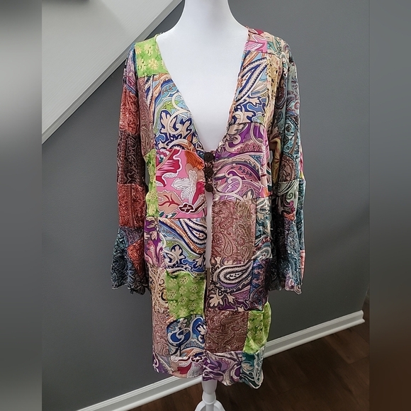 Kantha Cardigan Coat Boho Patchwork India 100% Silk Artsy M/L New - Picture 1 of 7